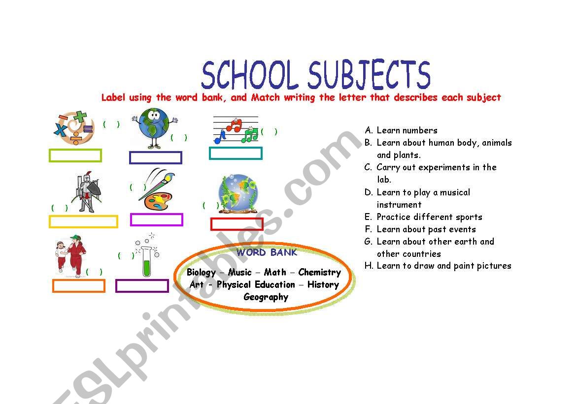 school subjects worksheet