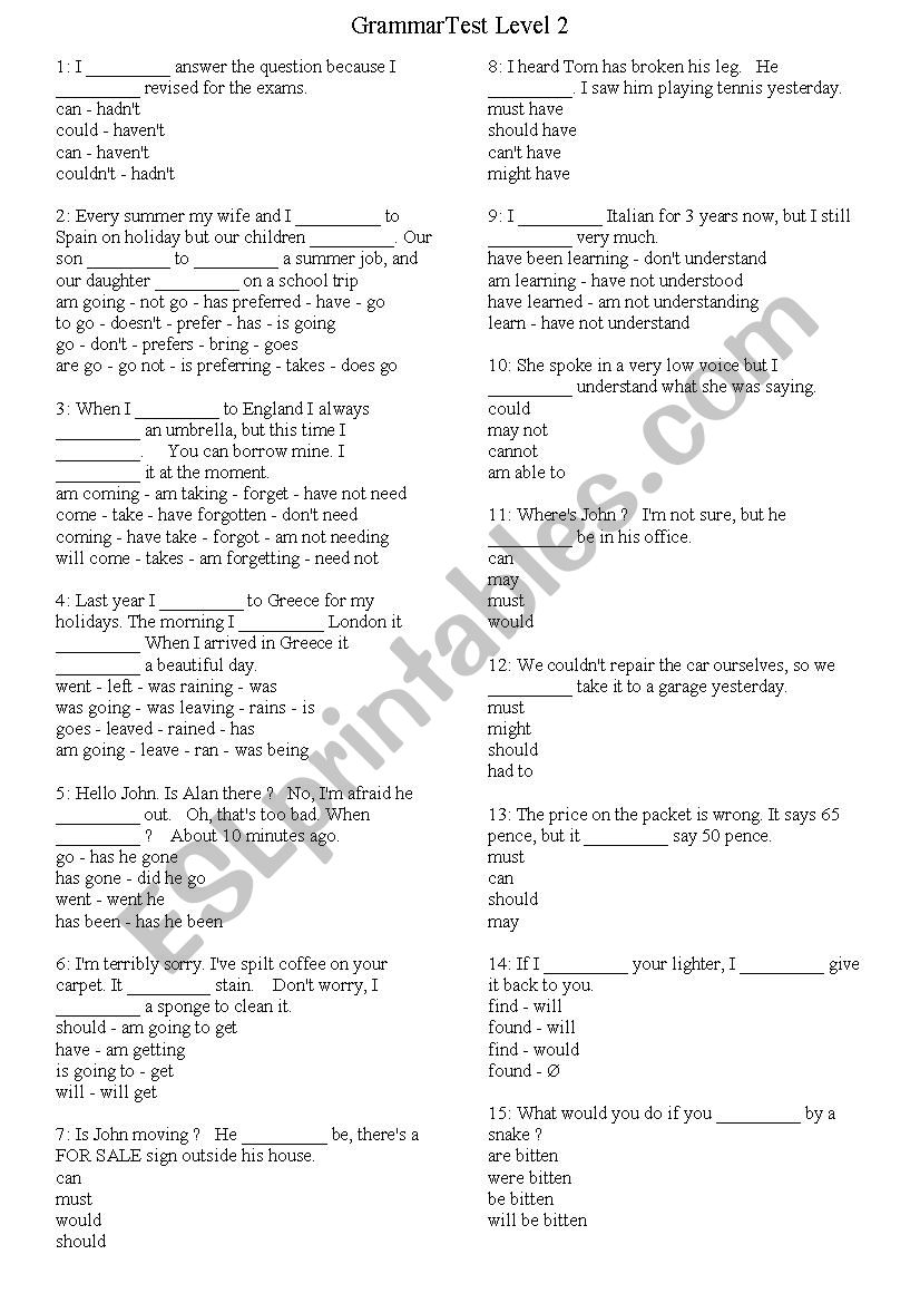 Intermediate Grammar Test Level 2