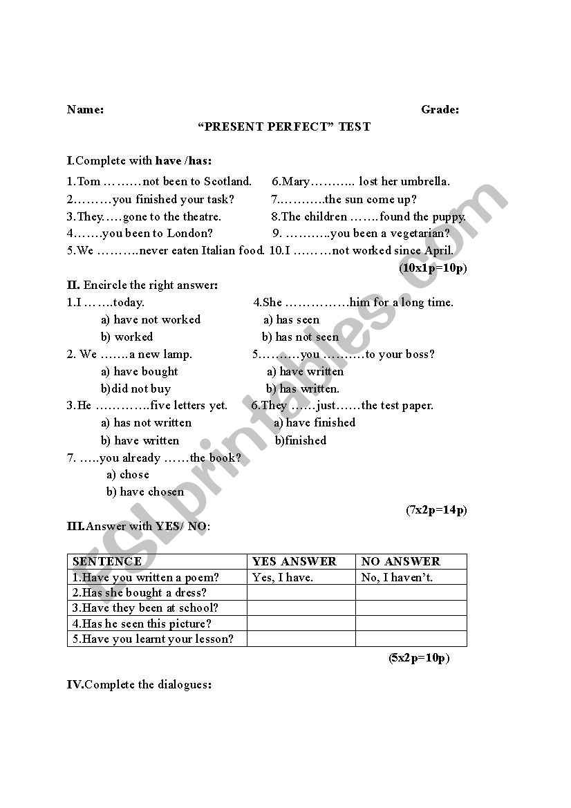  Present perfect worksheet