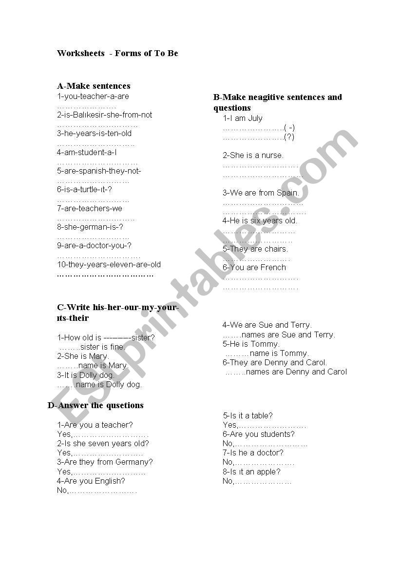 forms of to be worksheet