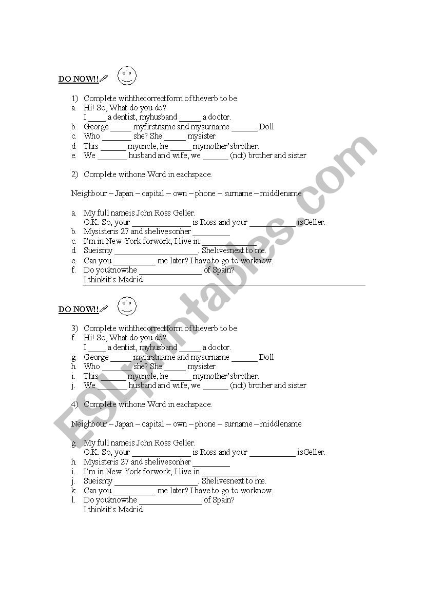 Do now, verb To Be worksheet