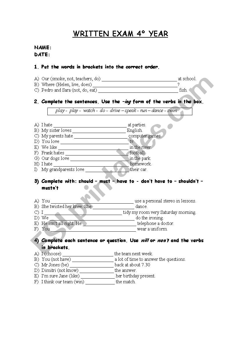 written exam 4th year worksheet