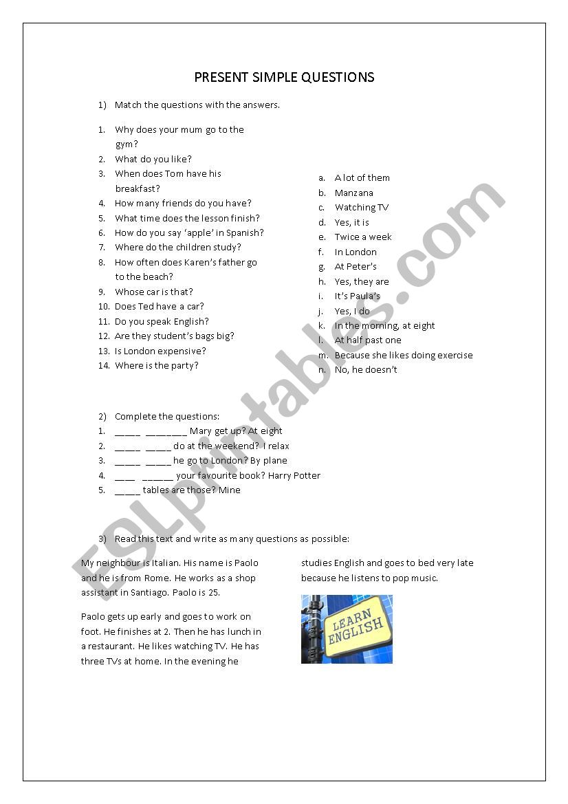 Present simple questions worksheet