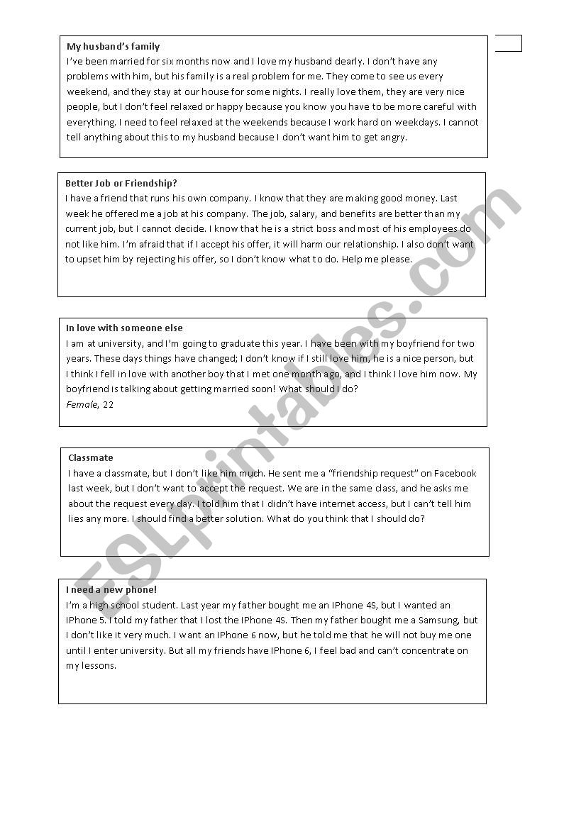 Situations to give advice worksheet