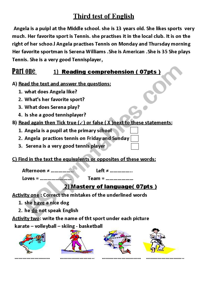 3RD ENLISH TEST worksheet