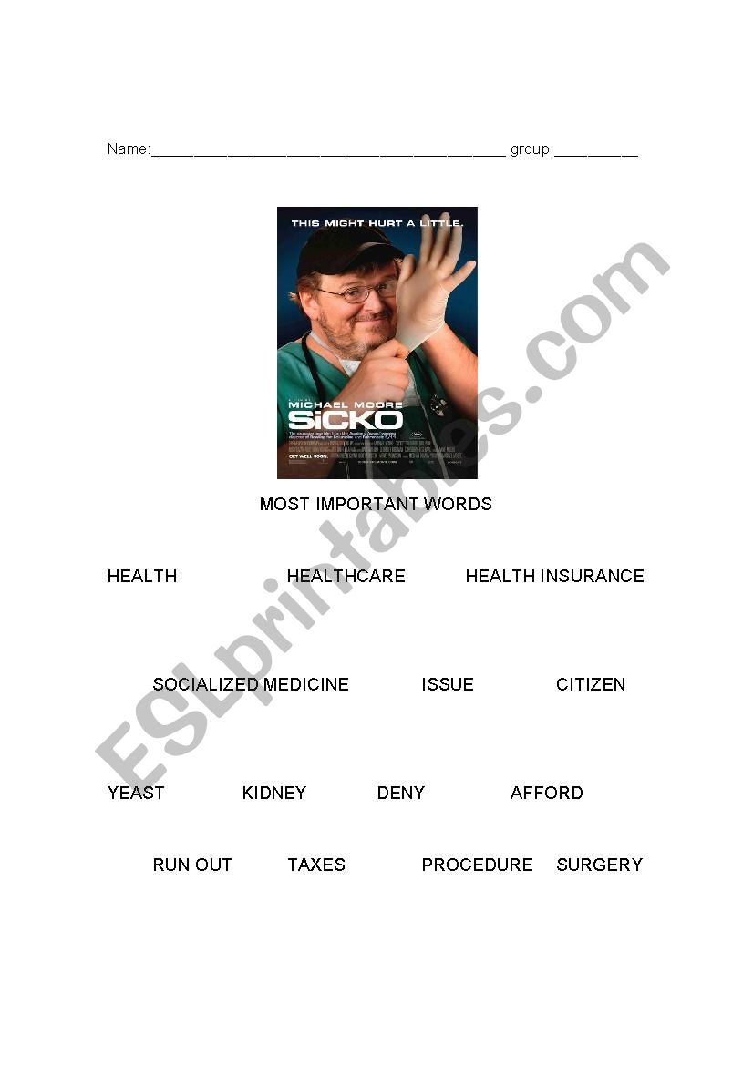 SICKO Most Important Words worksheet