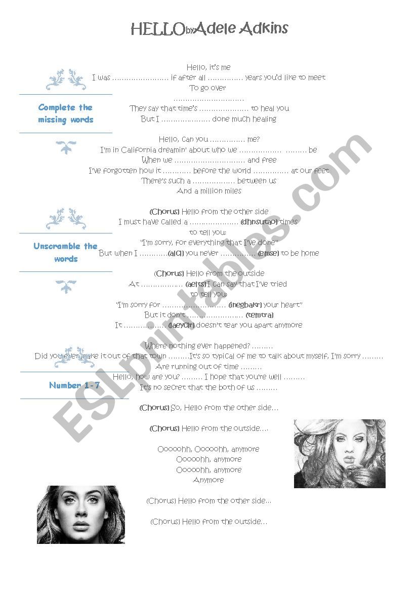 Hello by Adele Song WS worksheet