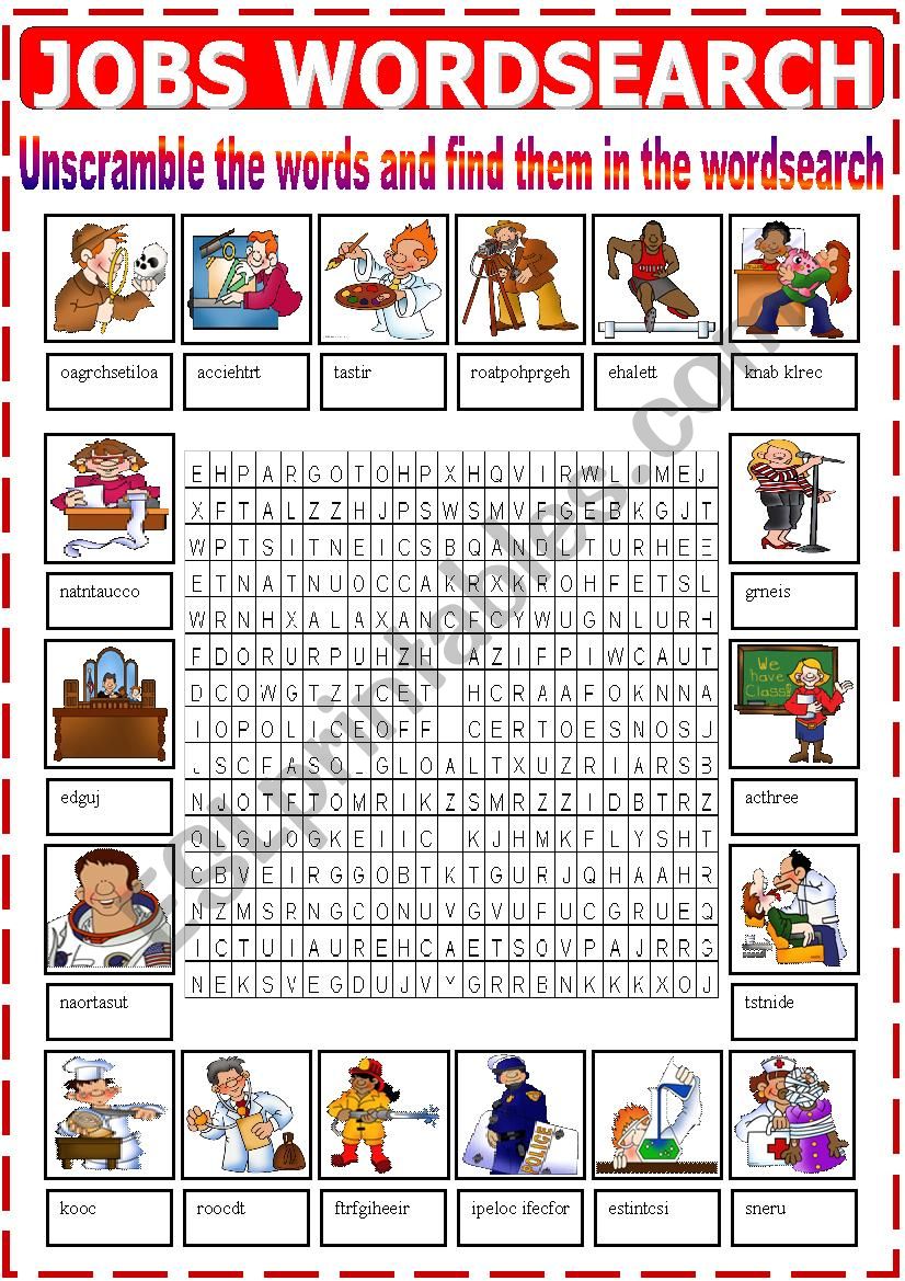 Jobs Wordsearch worksheet