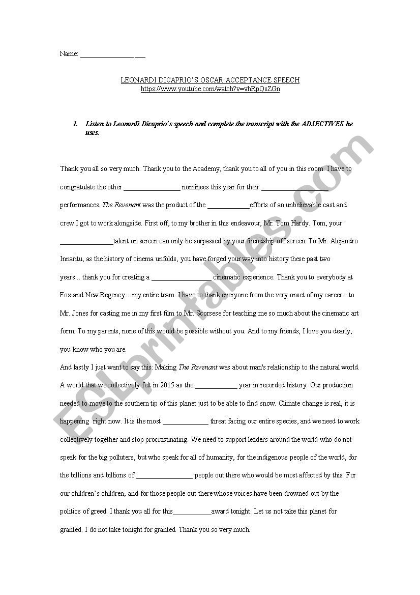 Leonardo Dicaprio S 2016 Oscar Acceptance Speech Esl Worksheet By Inglesaenmadrid
