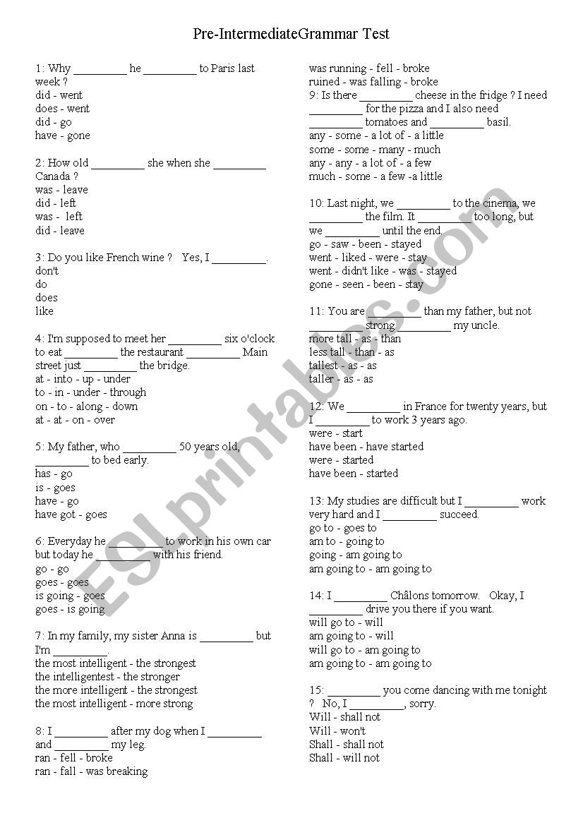 Pre-Intermediate Grammar Test worksheet