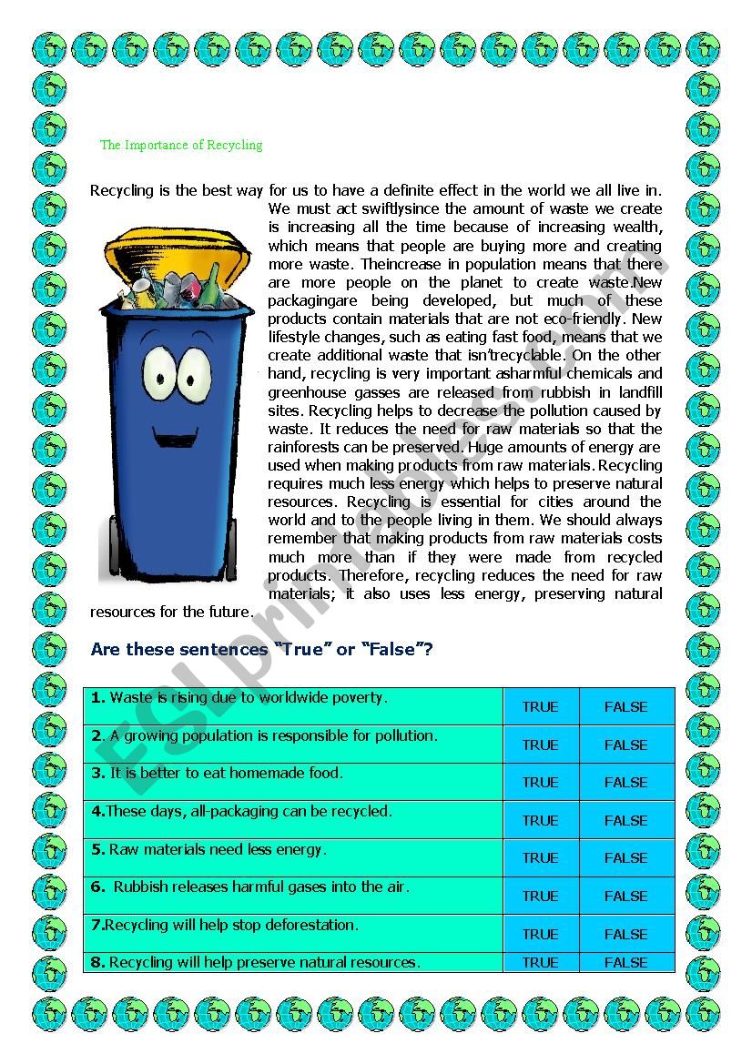 The Importance of Recycling worksheet