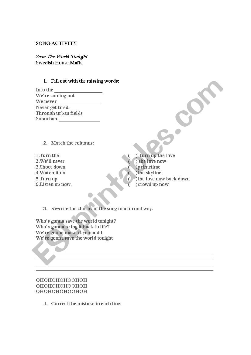 Save the World Tonight worksheet