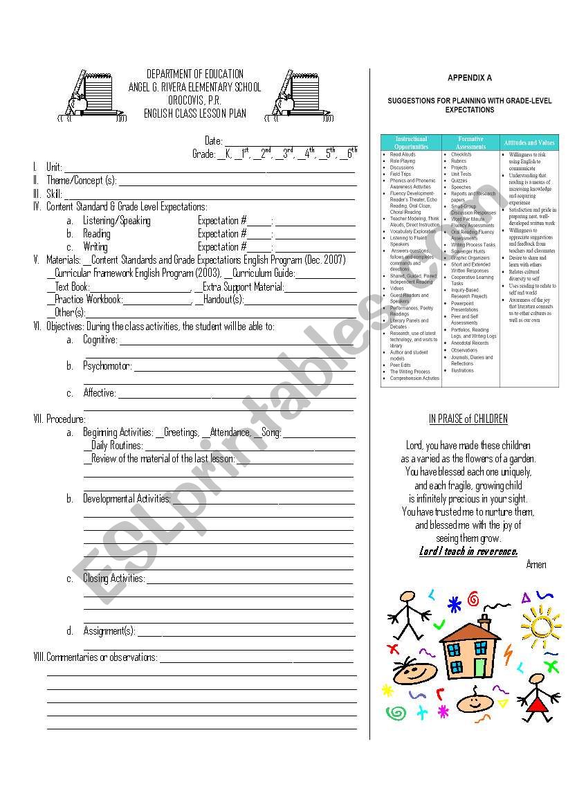 ESL Lesson plan sample worksheet