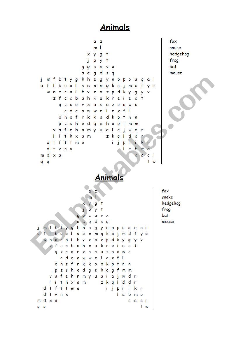 Wordsearch Animals worksheet