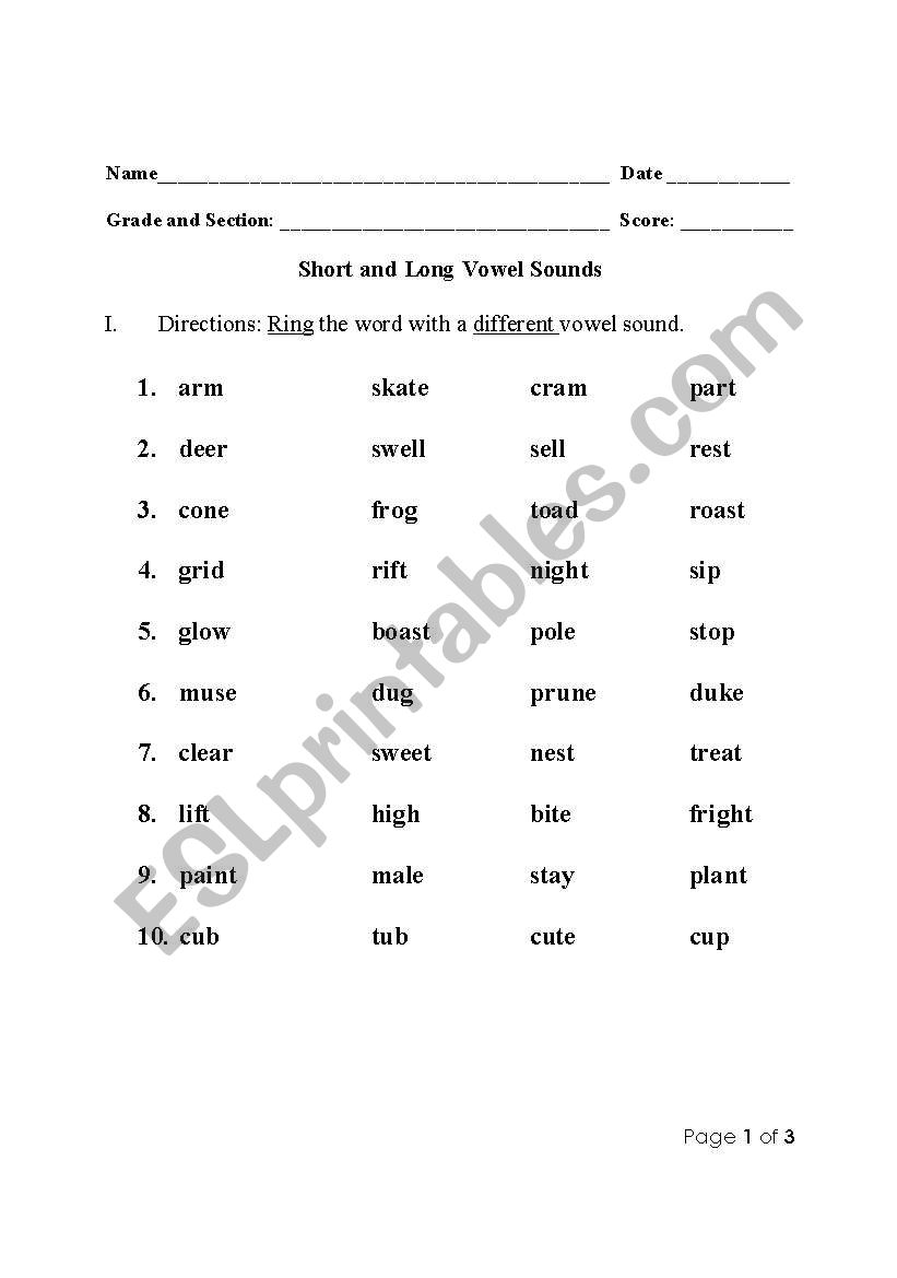 short and long vowel sounds worksheet