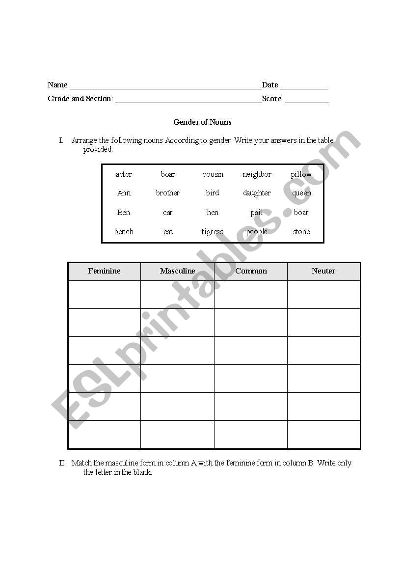 Gender of Nouns worksheet