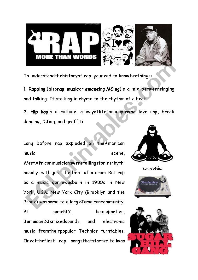 RAP reading worksheet