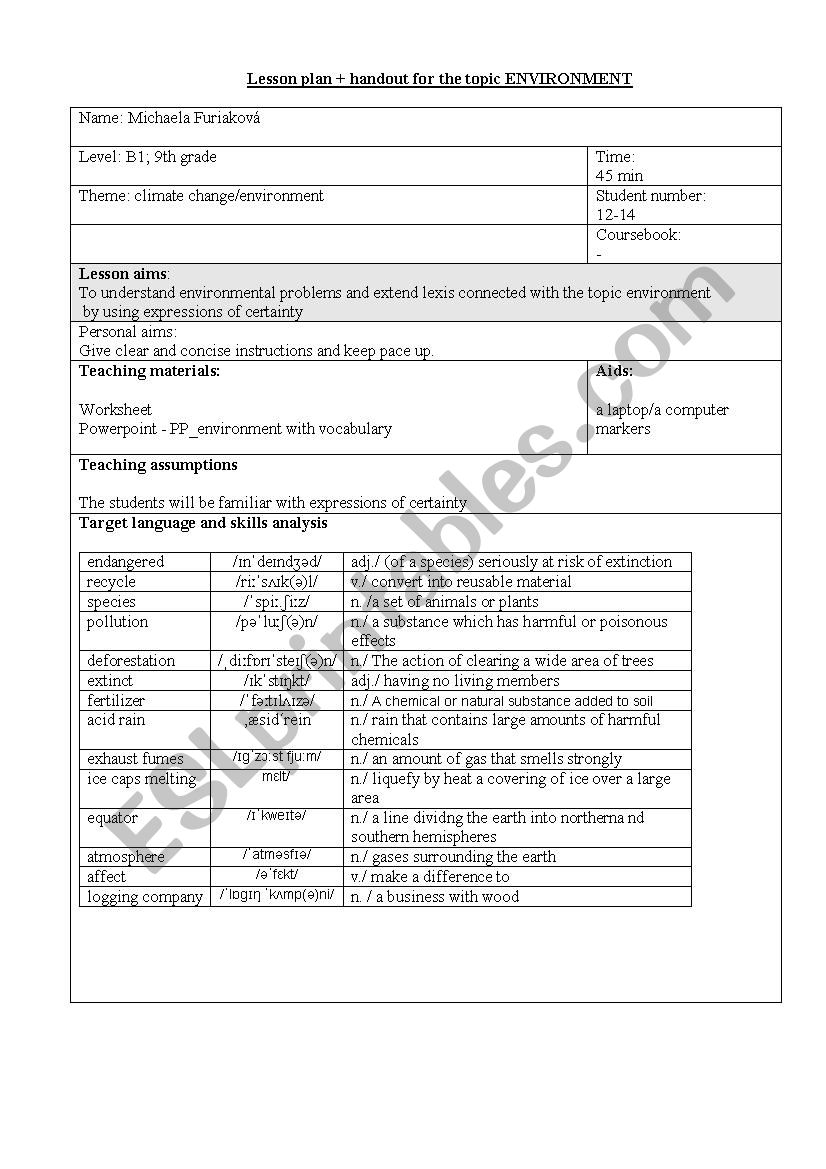 Lesson plan and handout for Environment