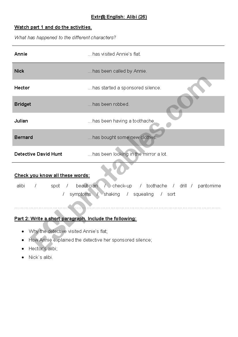 Extr@ English Alibi worksheet