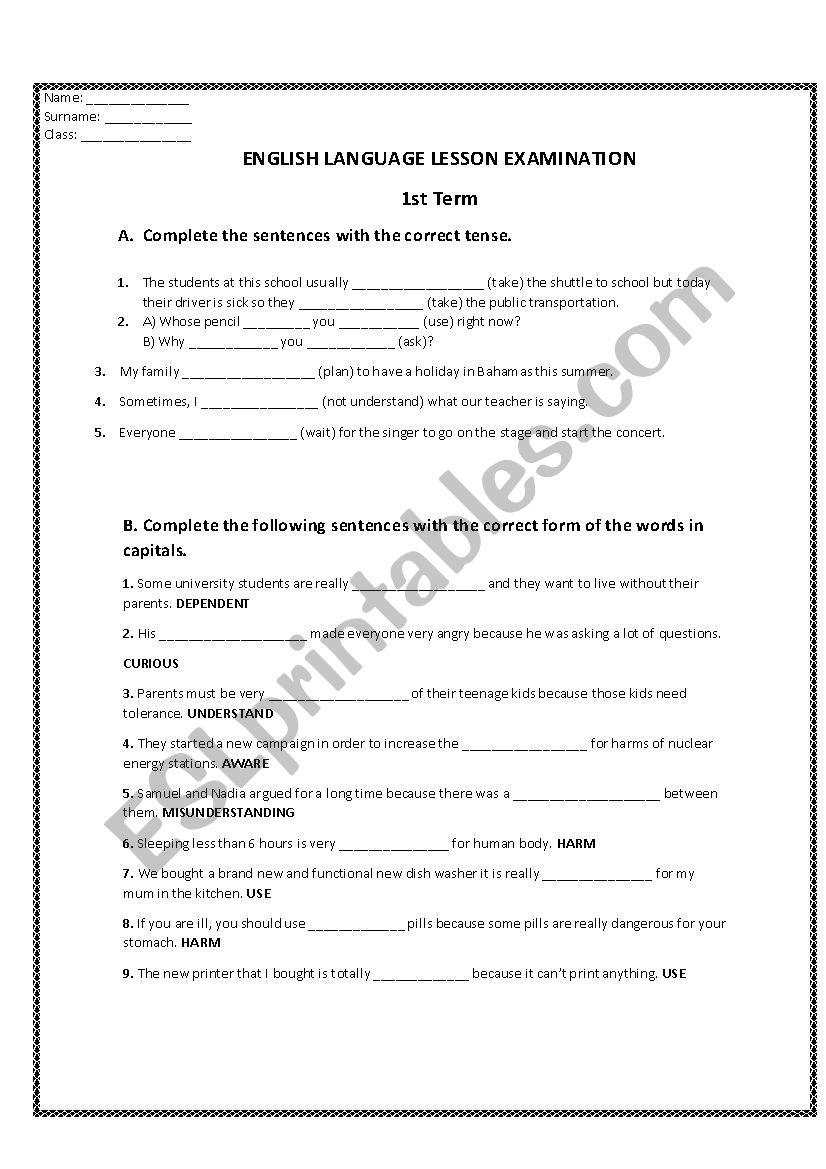 English Examination worksheet