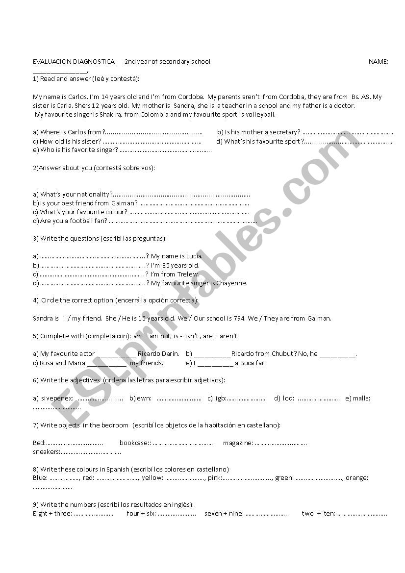 diagnostic test worksheet