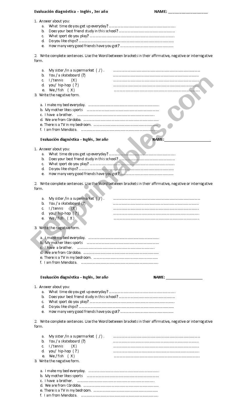 diagnostic test  worksheet