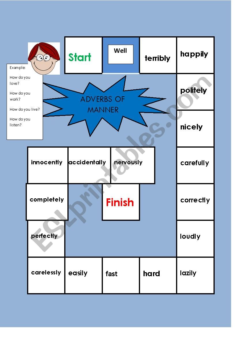 adverbs of manner boardgame worksheet