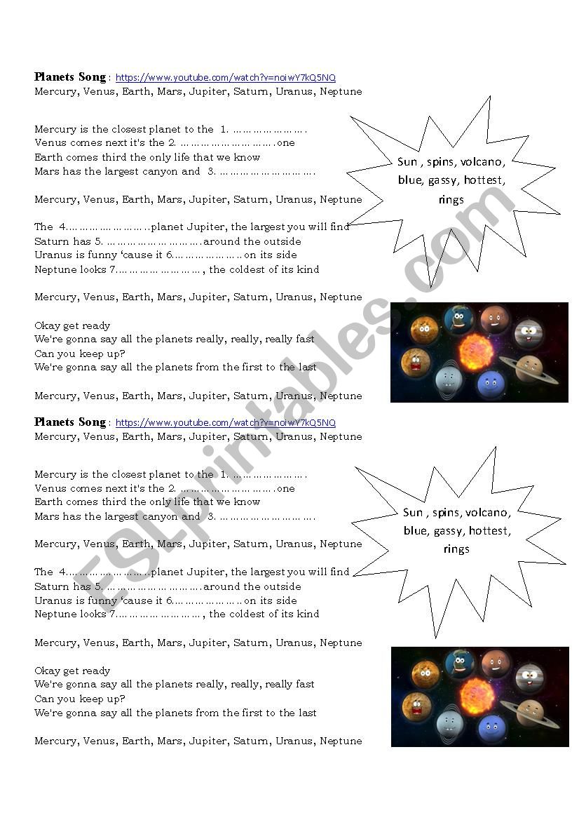 Planet Song worksheet