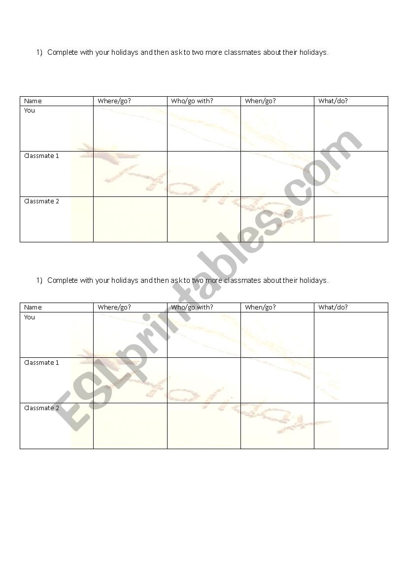 Holidays worksheet