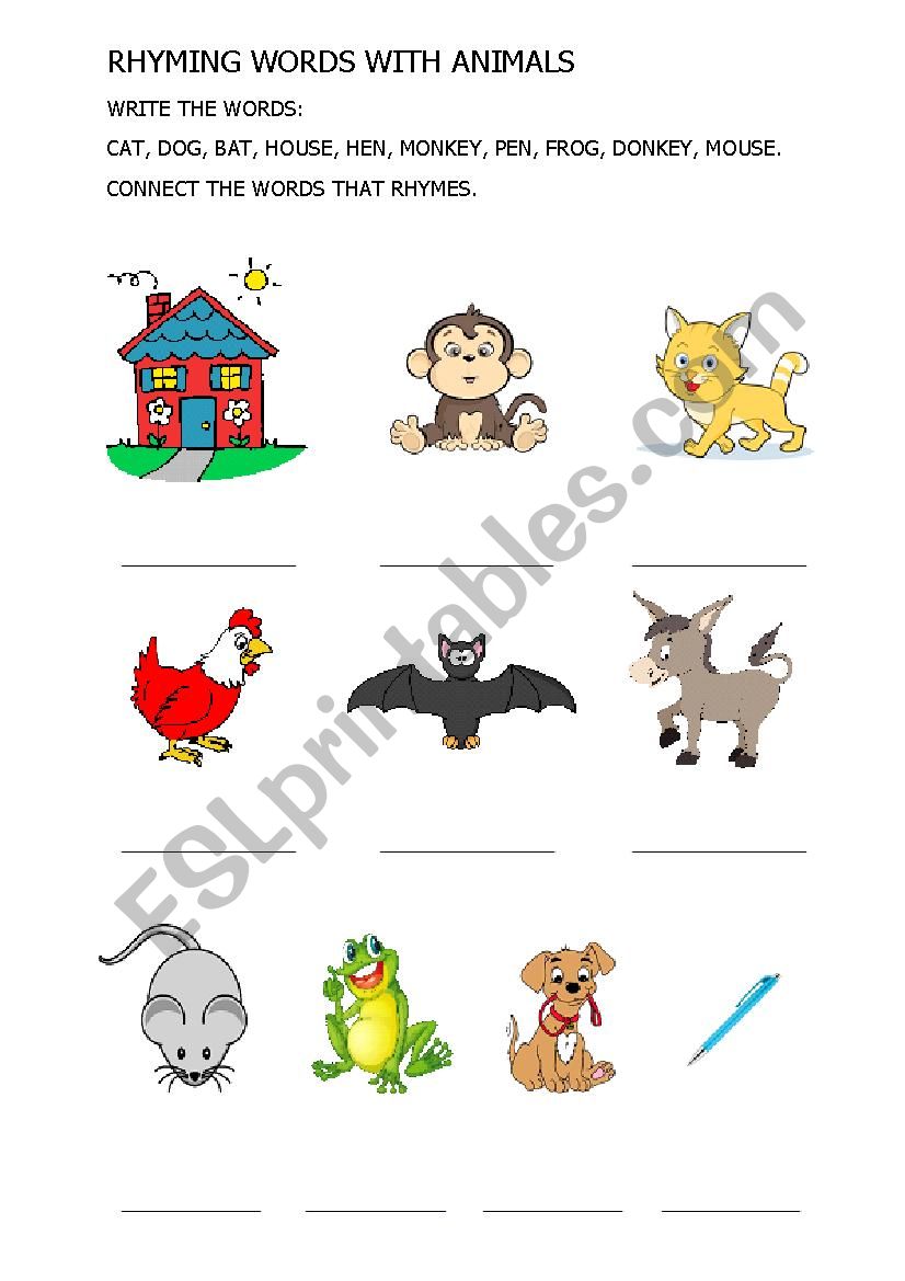 Rhyming words with animals - ESL worksheet by barby25