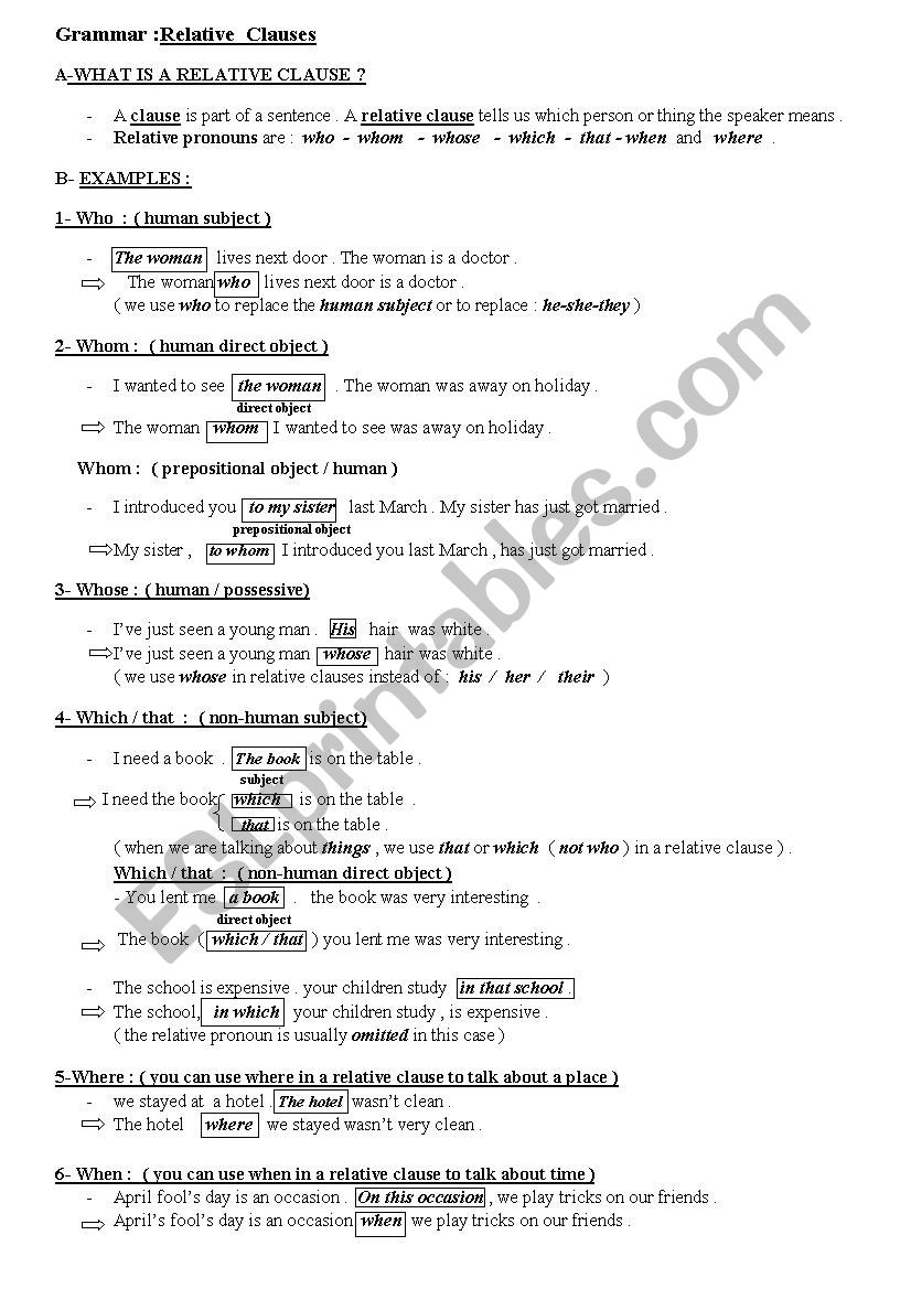   Relative clauses grammatical summary