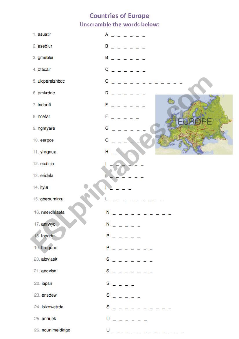 Countries of Europe worksheet