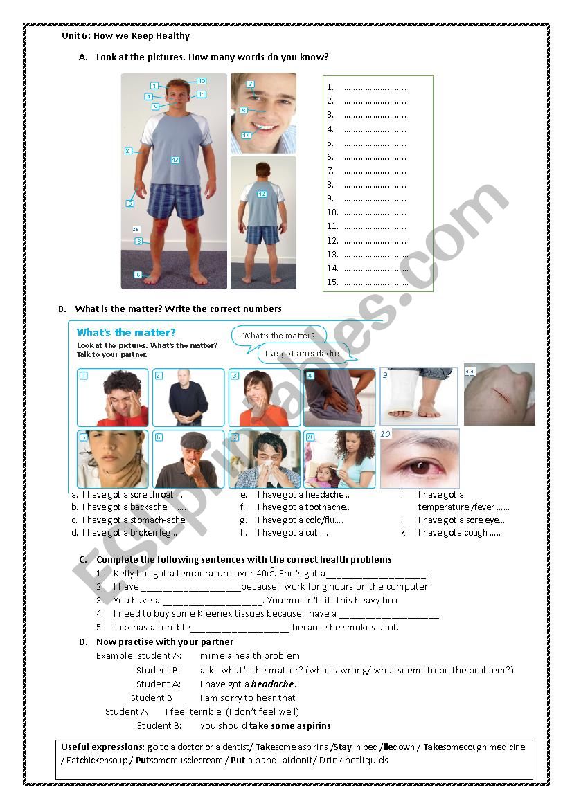 Health problems worksheet