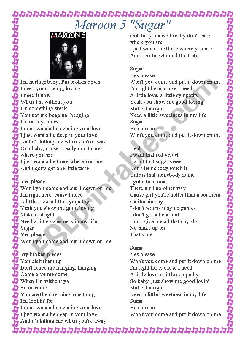 maroon 5 - sugar gap fill worksheet