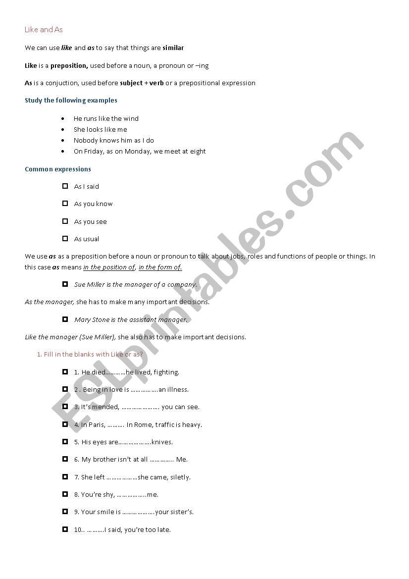 like and as worksheet