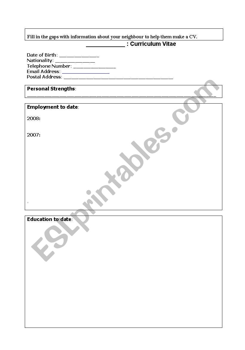 Blank CV worksheet