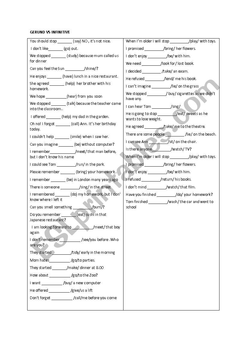 GERUND VS INFINITIVE worksheet