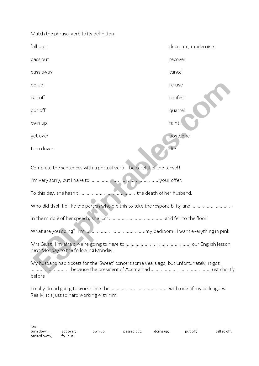 Phrasal verbs exercises worksheet