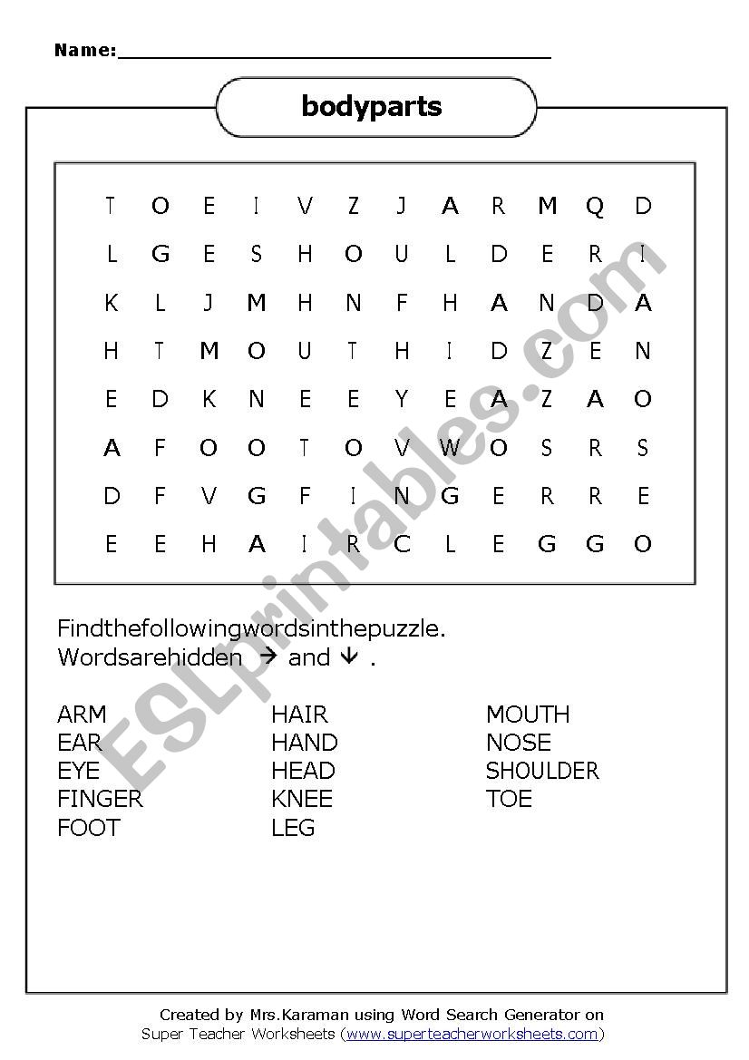 body parts worksheet