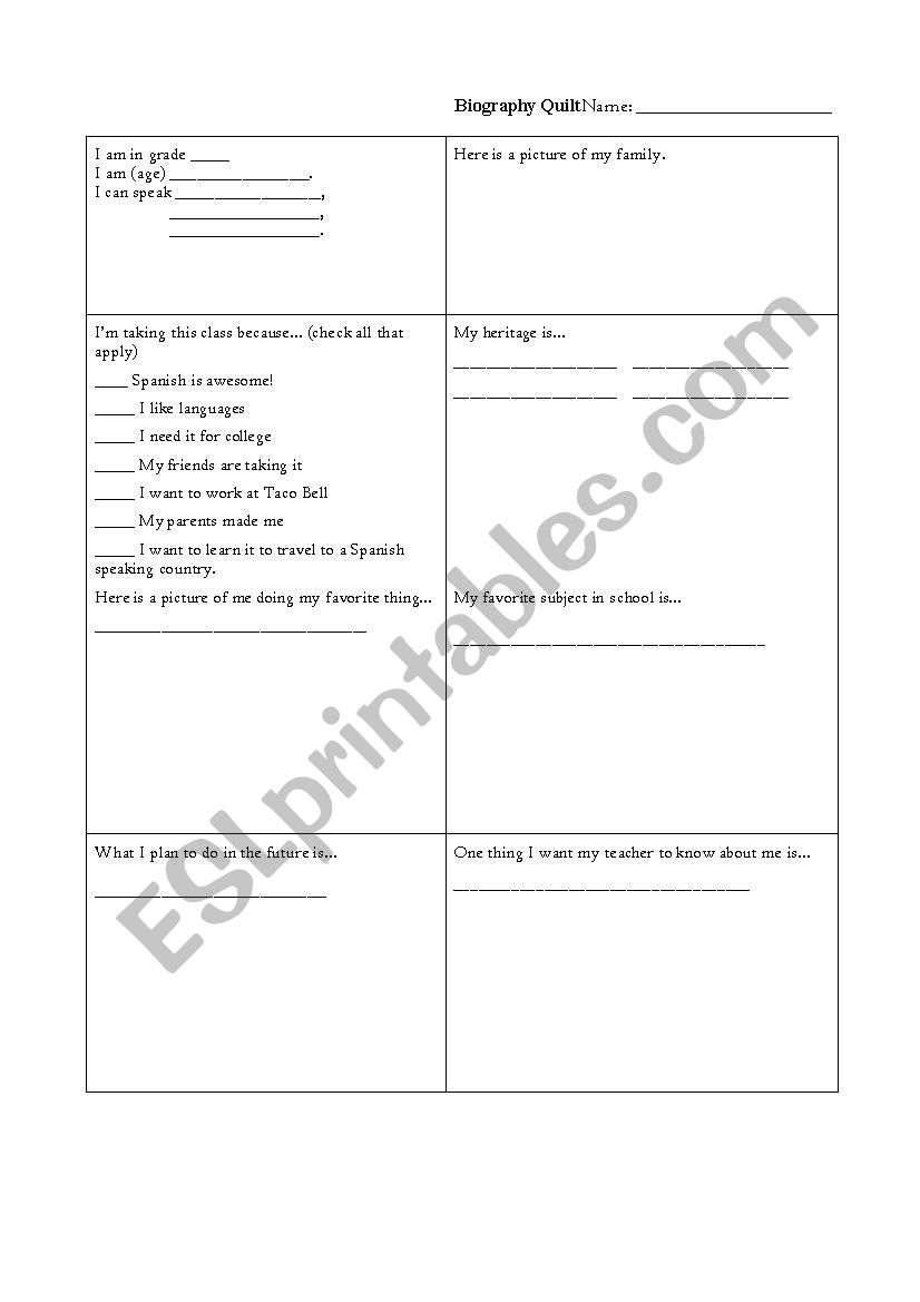 Biography Quilt template worksheet