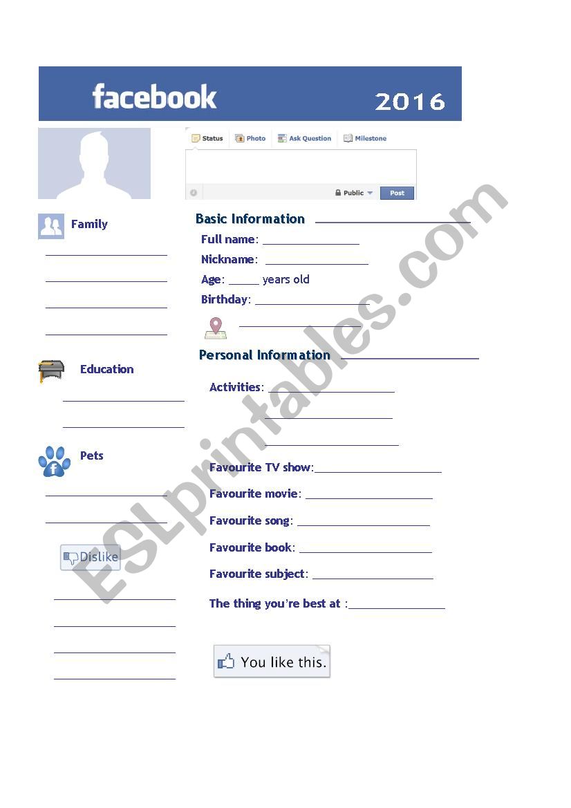 Facebook profile worksheet