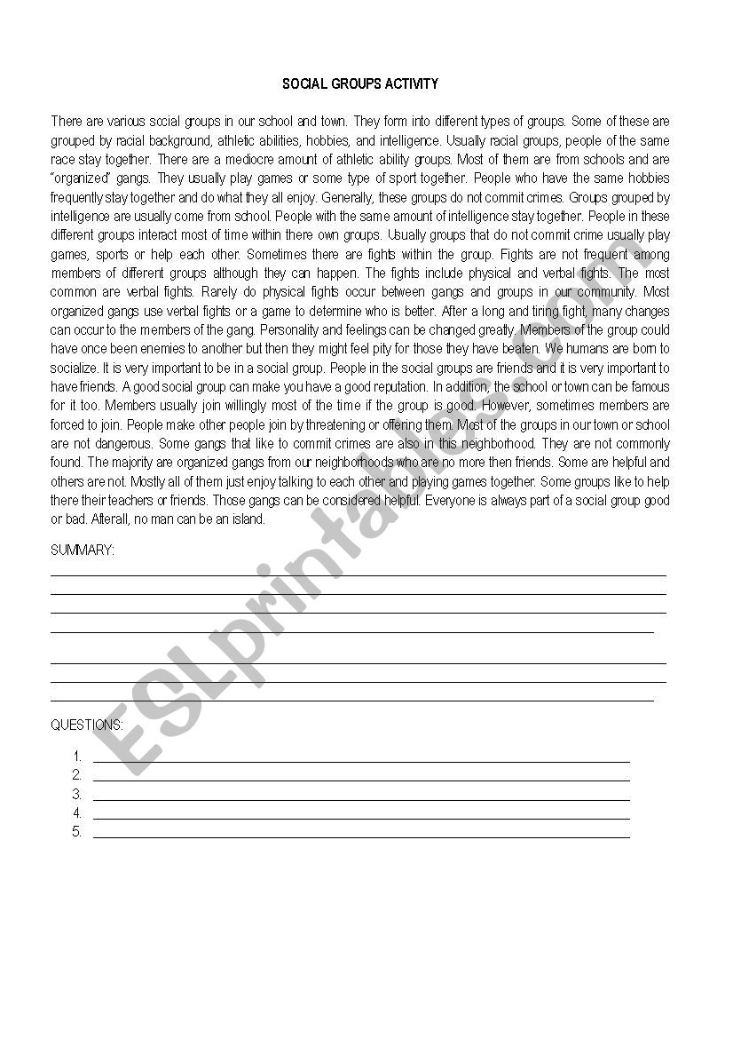 SOCIAL GROUPS worksheet