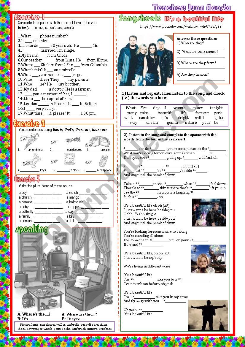 SONG WORKSHEET A BEUTIFUL LIFE BY ACE OF BASE