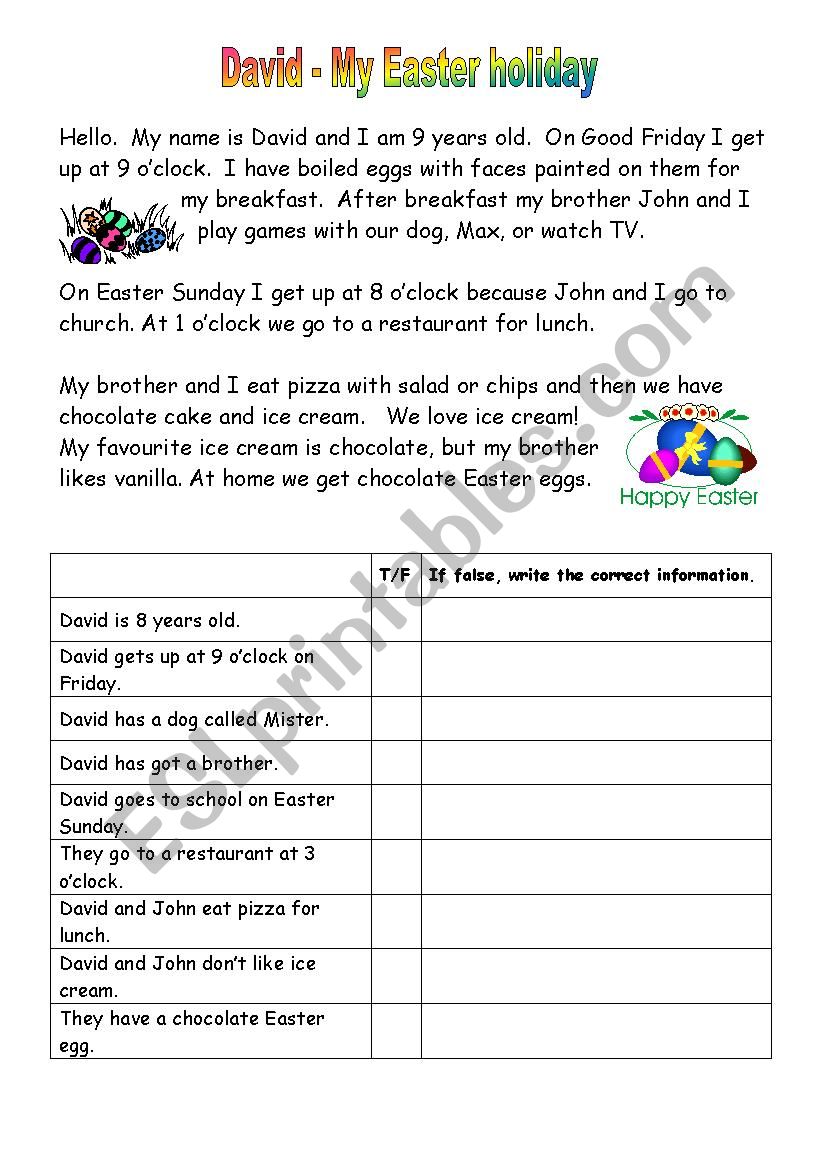 David - My Easter holiday worksheet