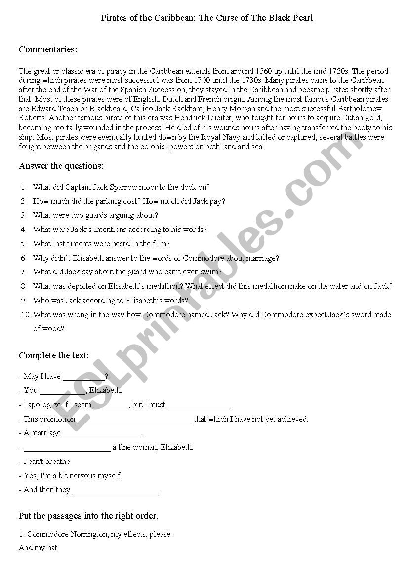 Pirates of the Caribbean worksheet