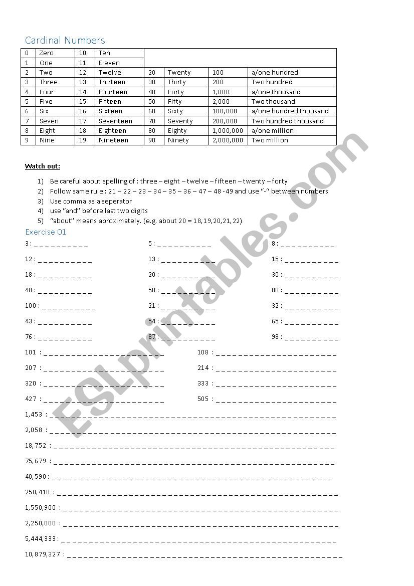 Cardinal numbers worksheet