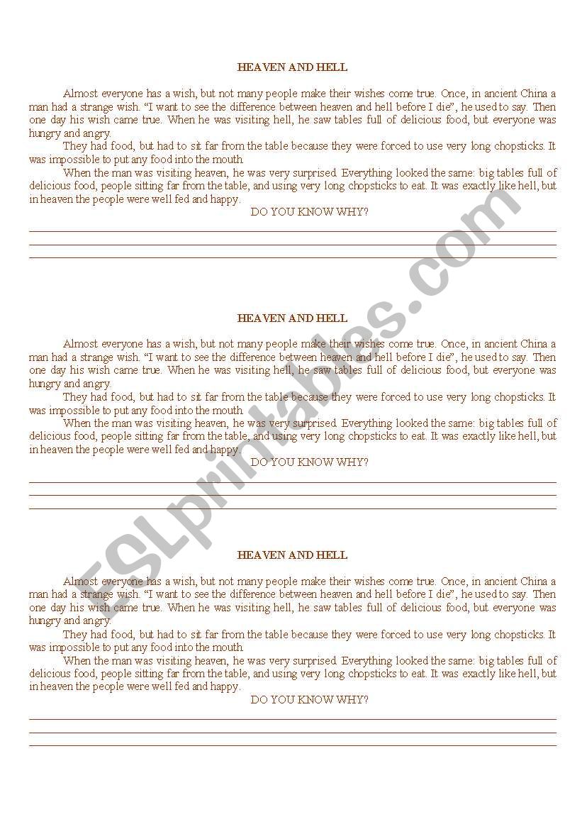 heaven and hell worksheet