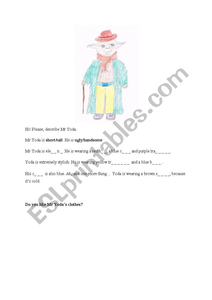 Mr Yoda clothes worksheet