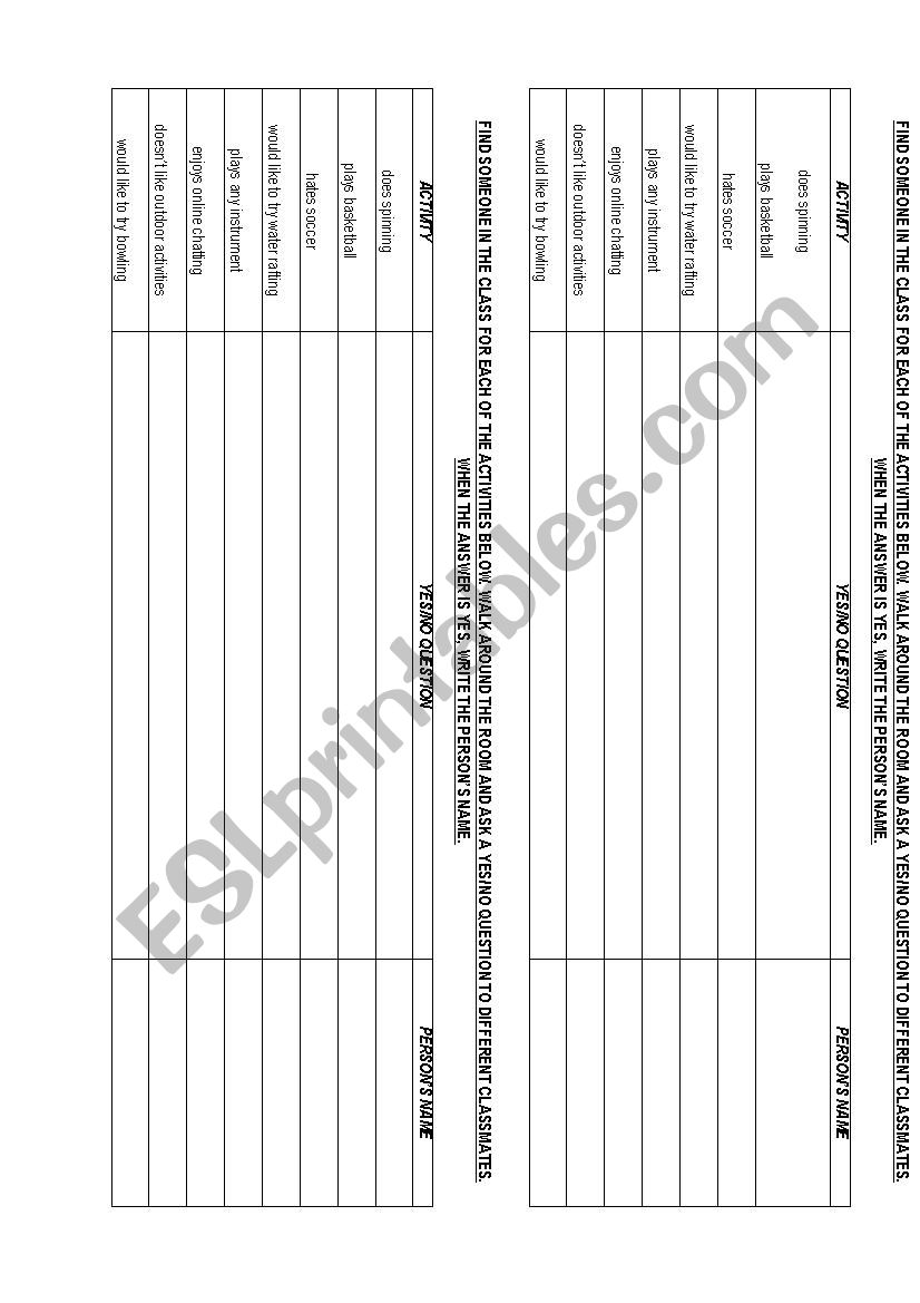 HOBBIES AND SPORTS SURVEY worksheet