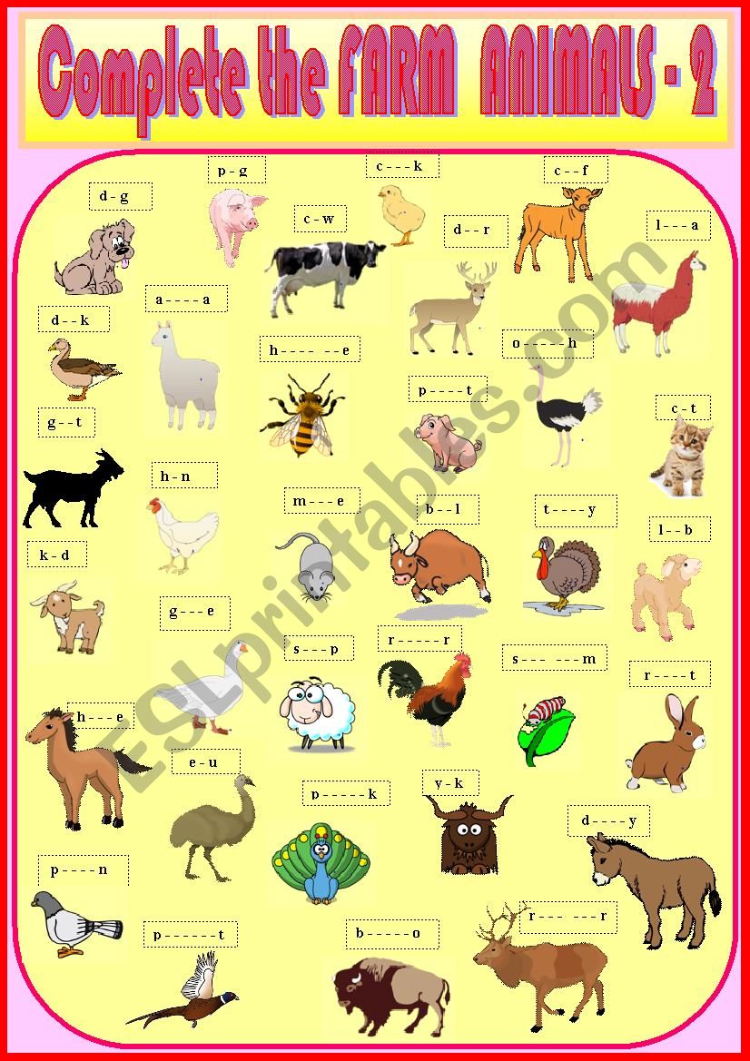 Complete the Farm Animals 2  worksheet